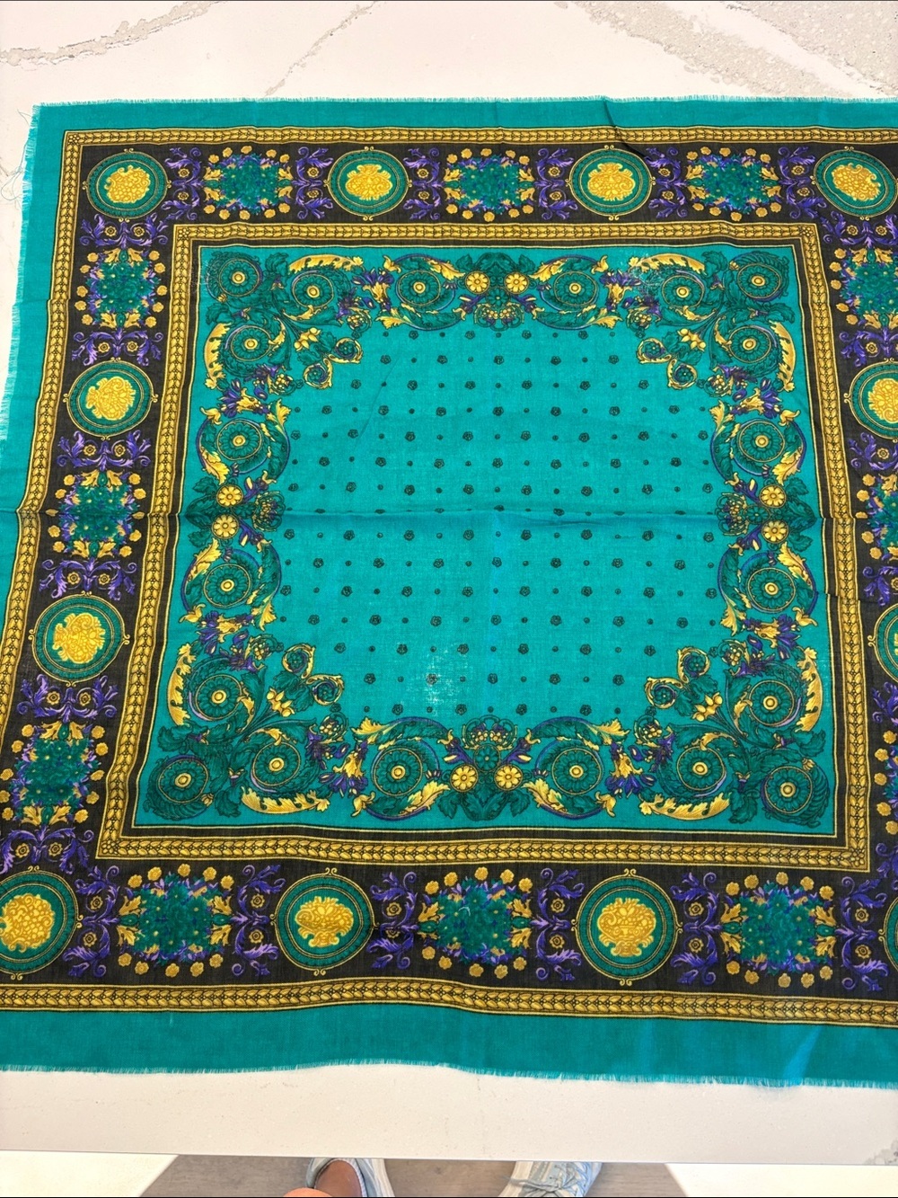 Teal Floral-Print Square Scarf with Gold & Purple Accents 30 by 30